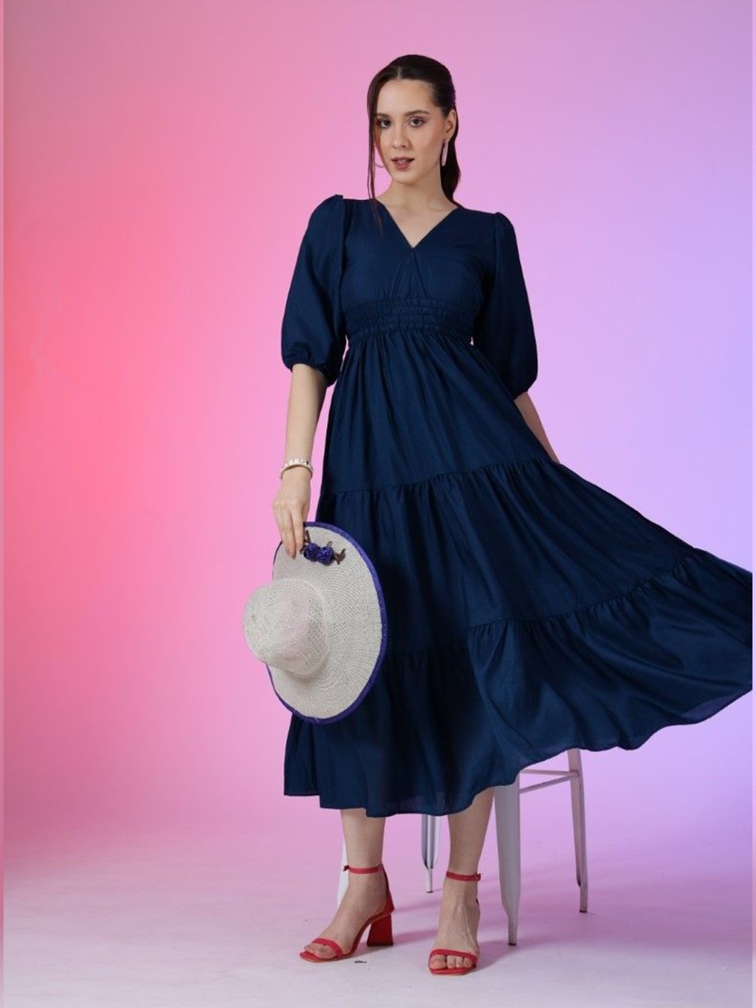 

Femvy Women Smocked Tiered Fit & Flare Dress, Blue