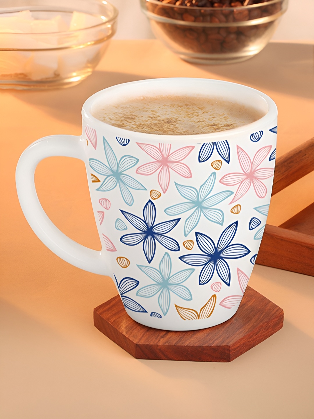 

Larah by BOROSIL White & Blue Printed Opalware Glossy Mugs Set of Cups and Mugs