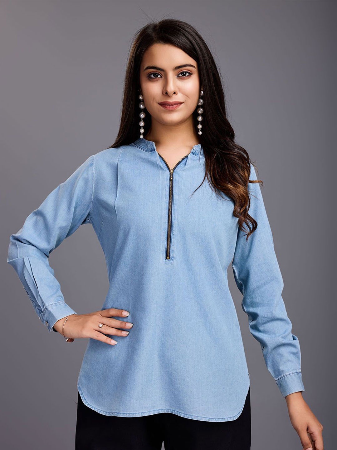 

Komarri U Mandarin Collar Indigo Cotton Denim Top, Blue
