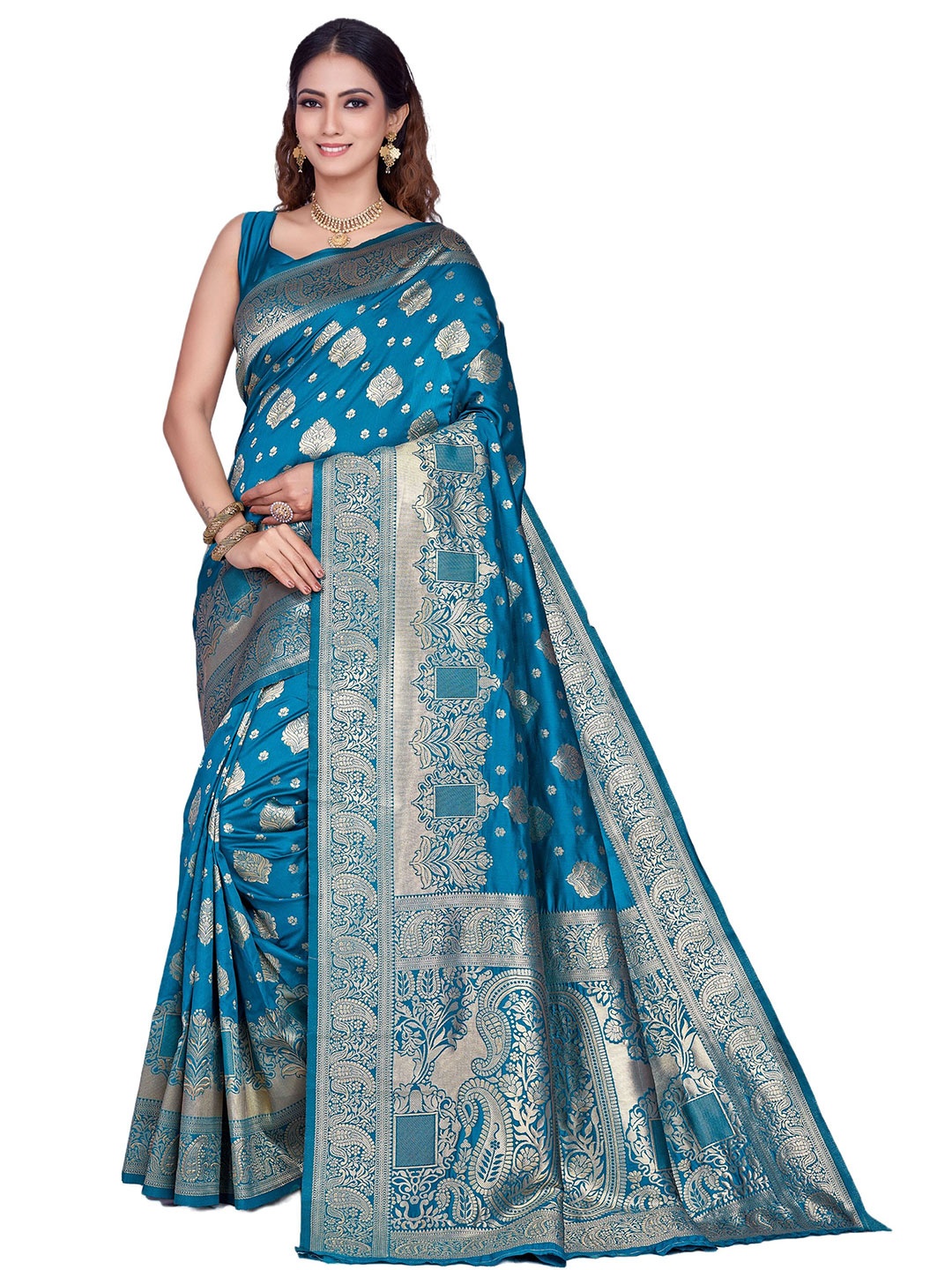 

SHRIMAY Ethnic Motifs Zari Art Silk Banarasi Saree, Green