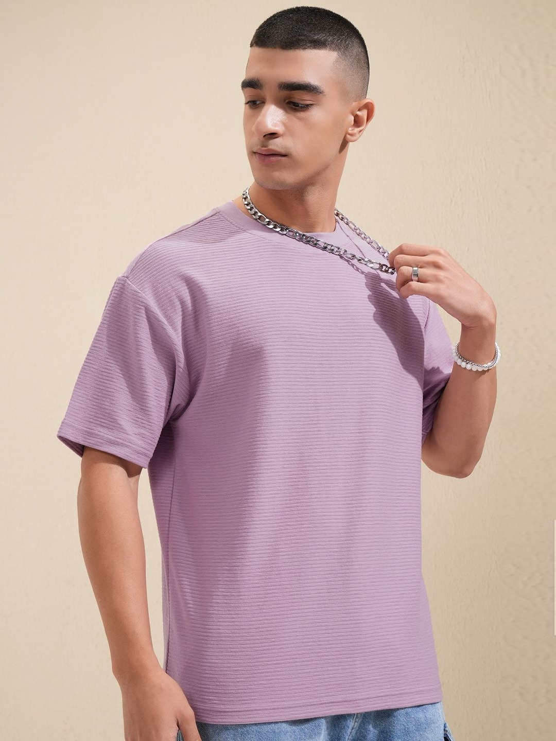 

HIGHLANDER Men Solid Round Neck Cotton Oversized T-Shirt, Mauve