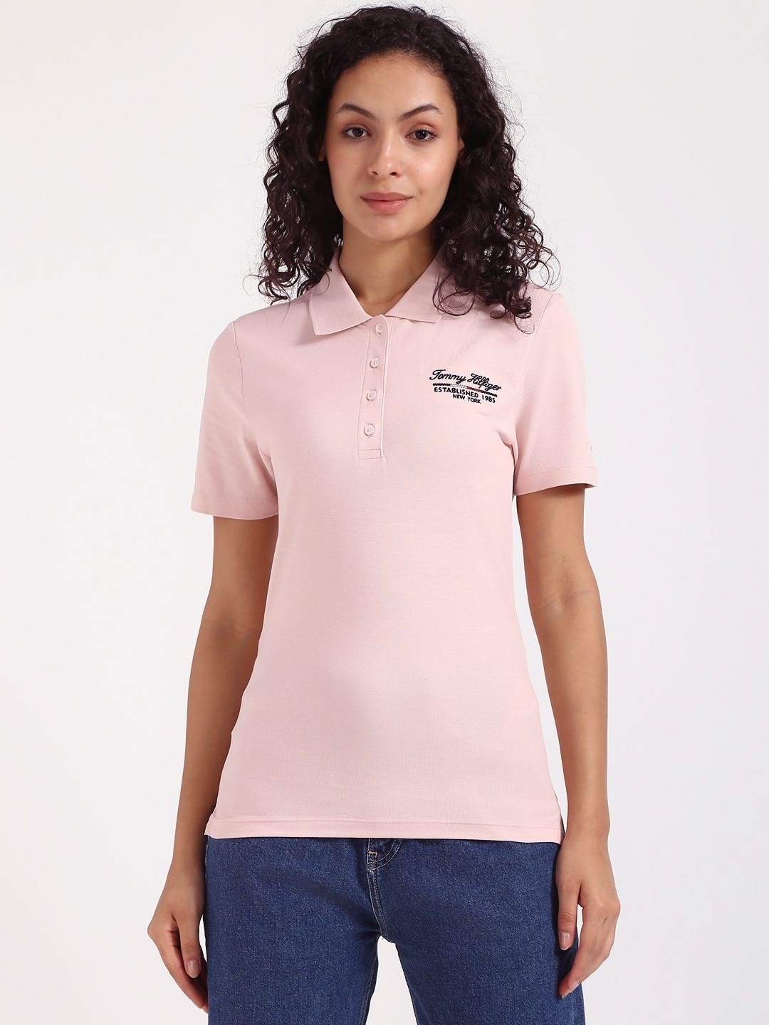 

Tommy Hilfiger Women Typography Polo Collar Applique Slim Fit T-shirt, Pink