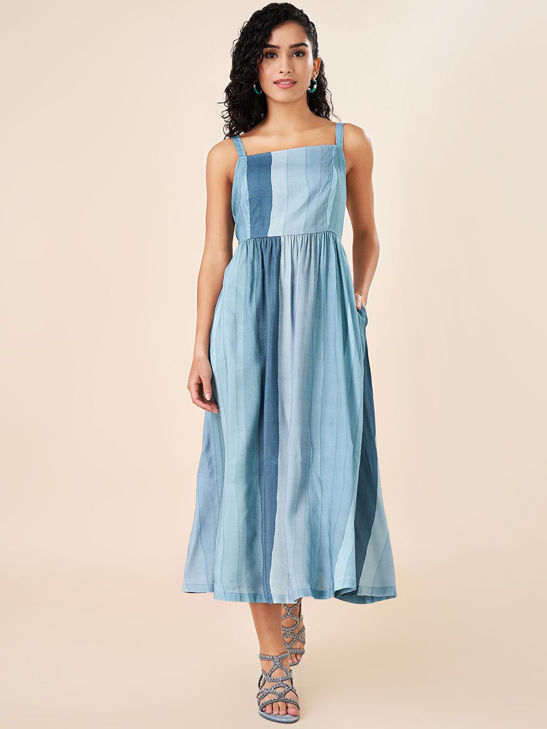 

AKKRITI BY PANTALOONS Striped Fit & Flare Midi Dress, Teal