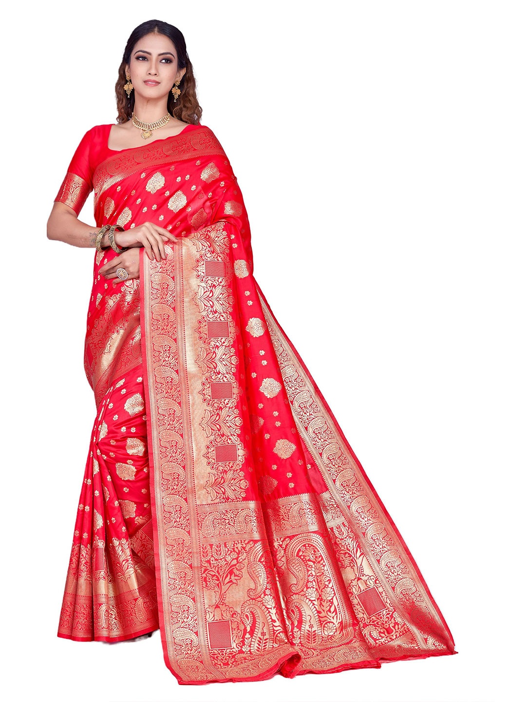 

SHRIMAY Woven Design Zari Art Silk Banarasi Saree, Red