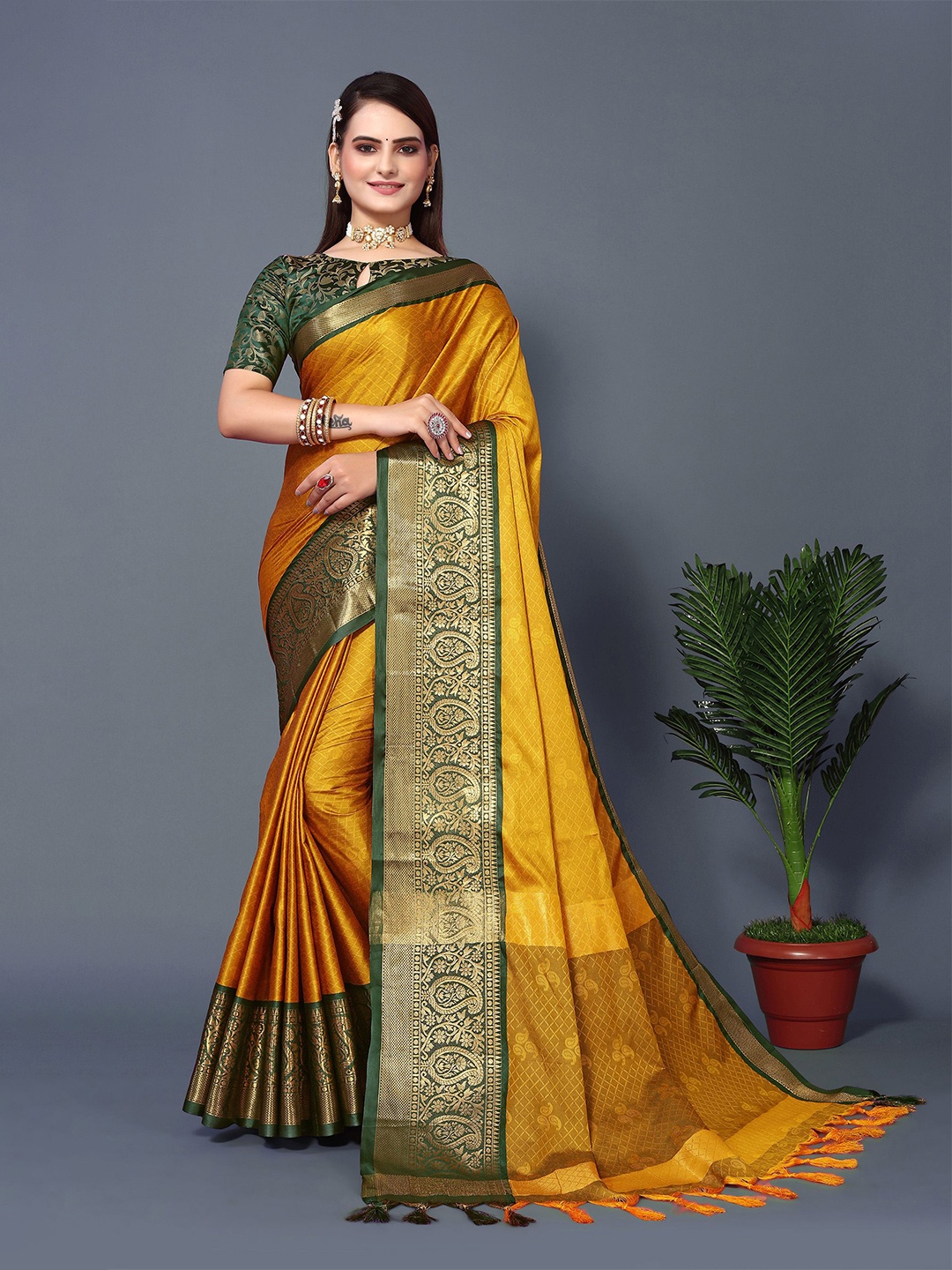 

KALINI Woven Design Zari Silk Blend Chanderi Saree, Yellow