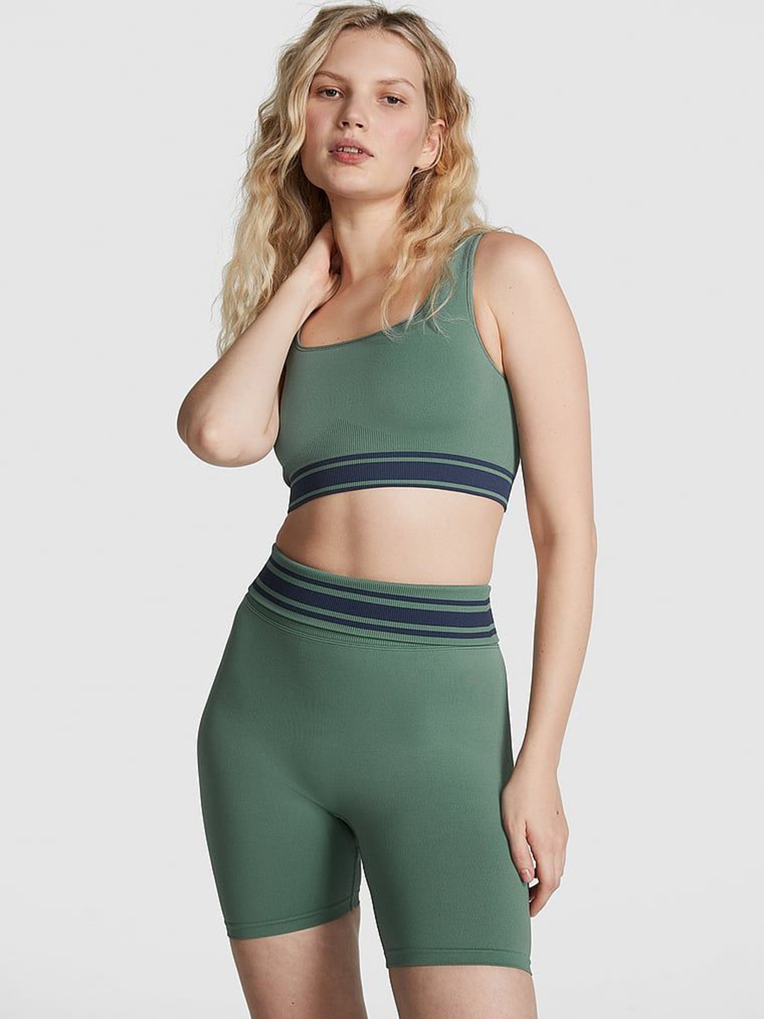 

Victoria's Secret Women Striped Skinny Fit High-Rise Sports Shorts, Green