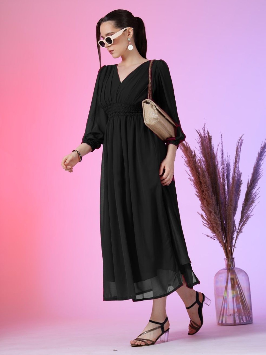 

Raiyani Enterprise Women V-Neck Fit & Flare Maxi Dress, Black