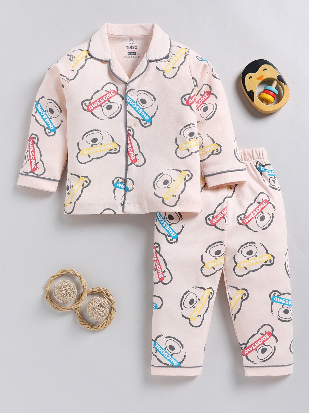 

YK X Tinyo Girls Conversational Printed Pure Cotton Night suit, Peach