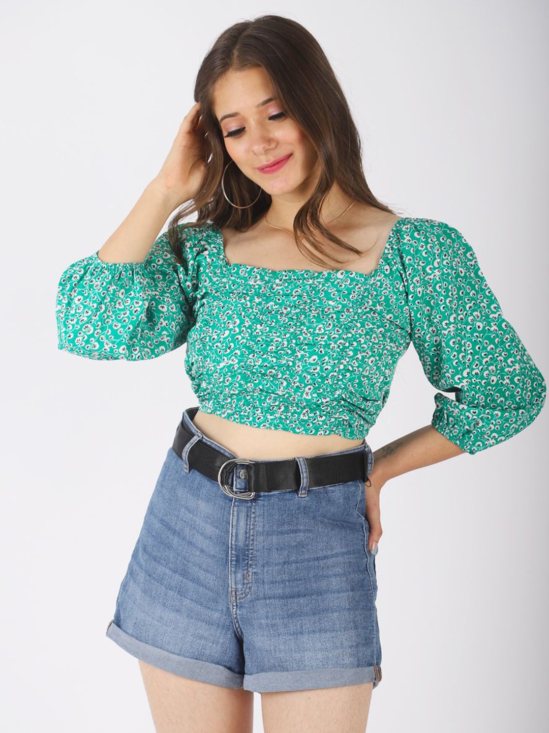 

all about you Floral Print Puff Sleeve Bardot Crop Top, Green