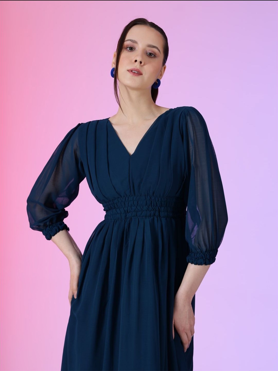 

Femvy V-Neck Georgette Fit & Flare Midi Dress, Navy blue