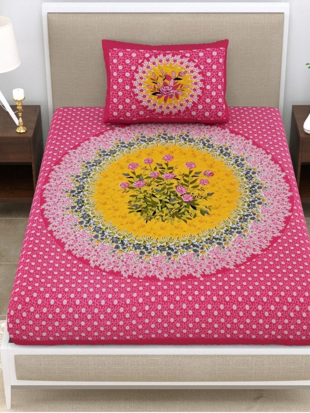 

UNIQCHOICE Pink & Yellow Floral Printed Cotton 120 TC Single Bedsheet Set 2.25 m x 1.5 m