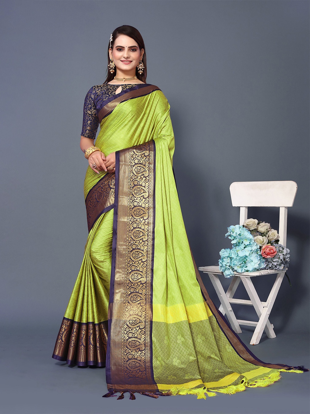 

KALINI Woven Design Zari Silk Blend Chanderi Saree, Green