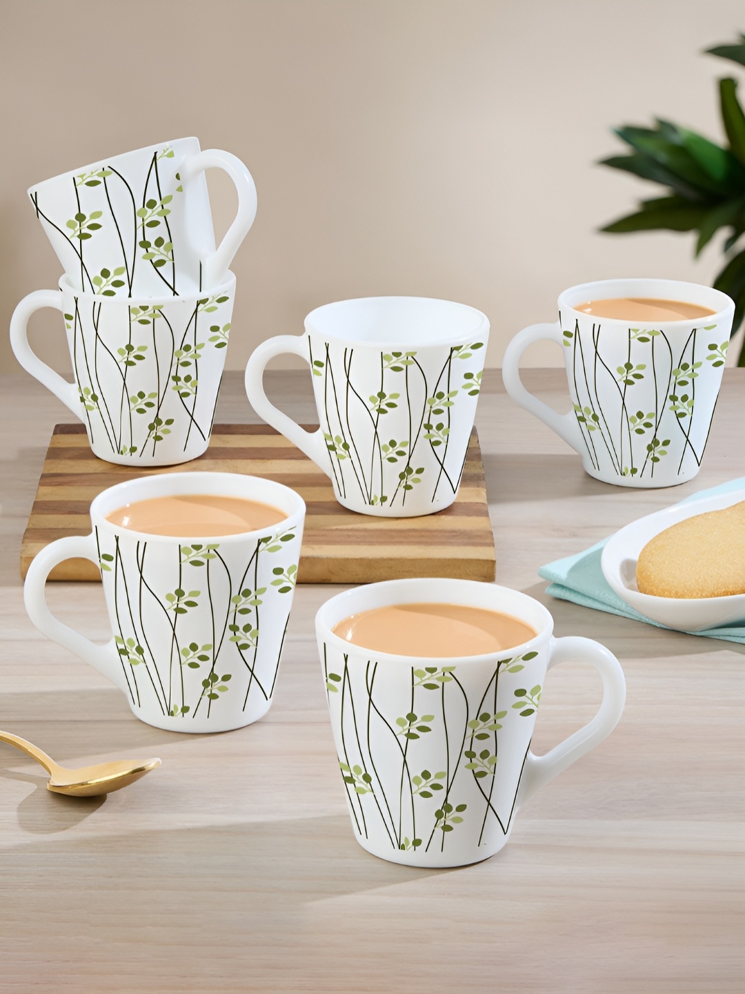 

Larah by BOROSIL White & Green Floral Printed Opalware Matte Mugs Set of Cups and Mugs