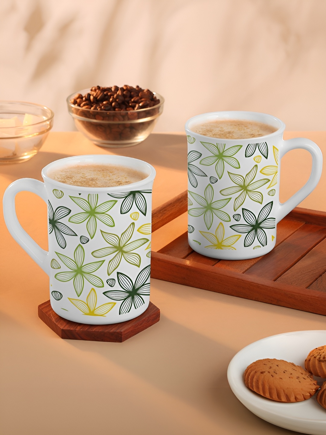 

Larah by BOROSIL White & Green Printed Opalware Glossy Mugs Set of Cups and Mugs
