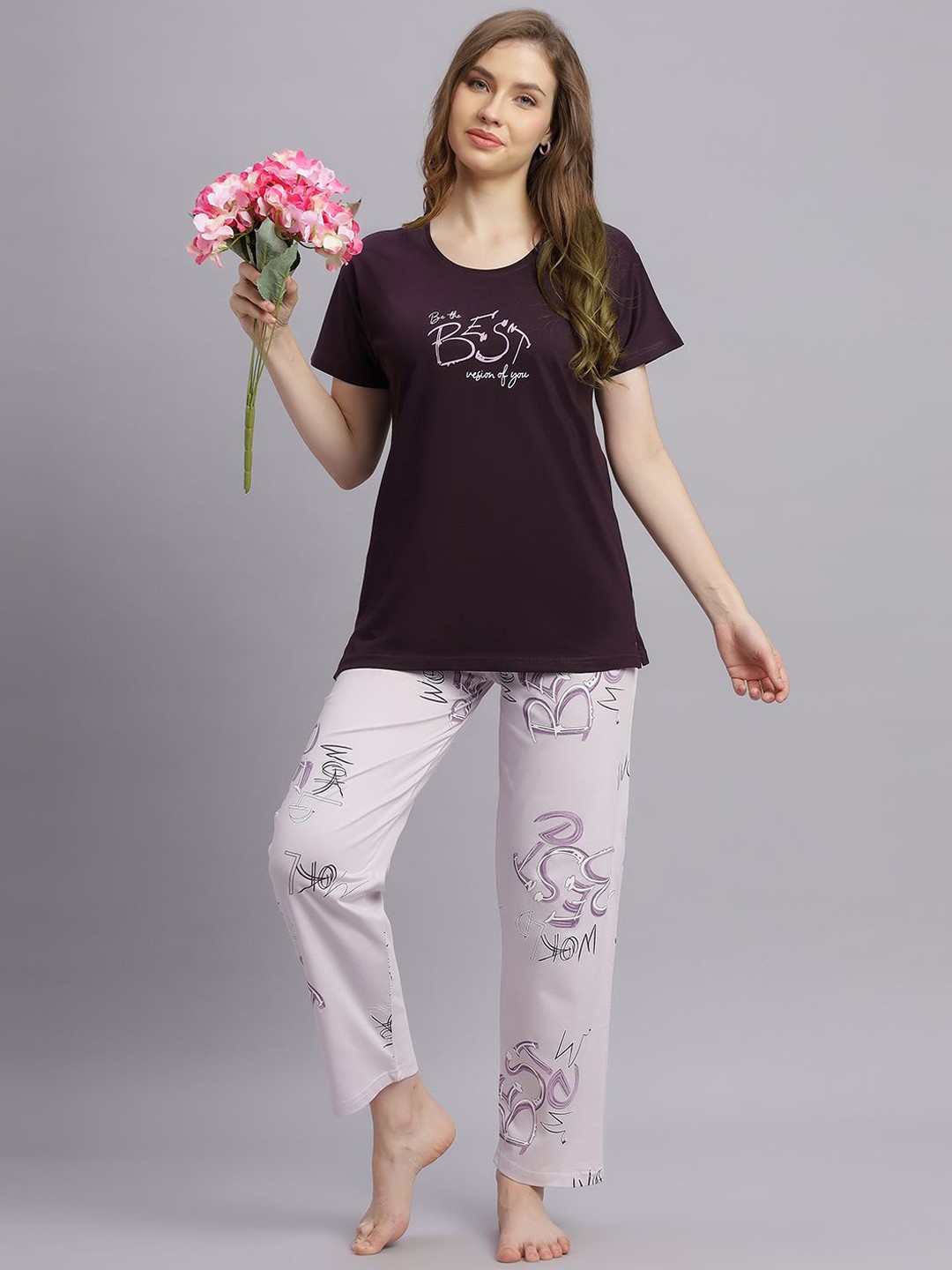

DZZO Women Graphic Printed Night suit, Purple