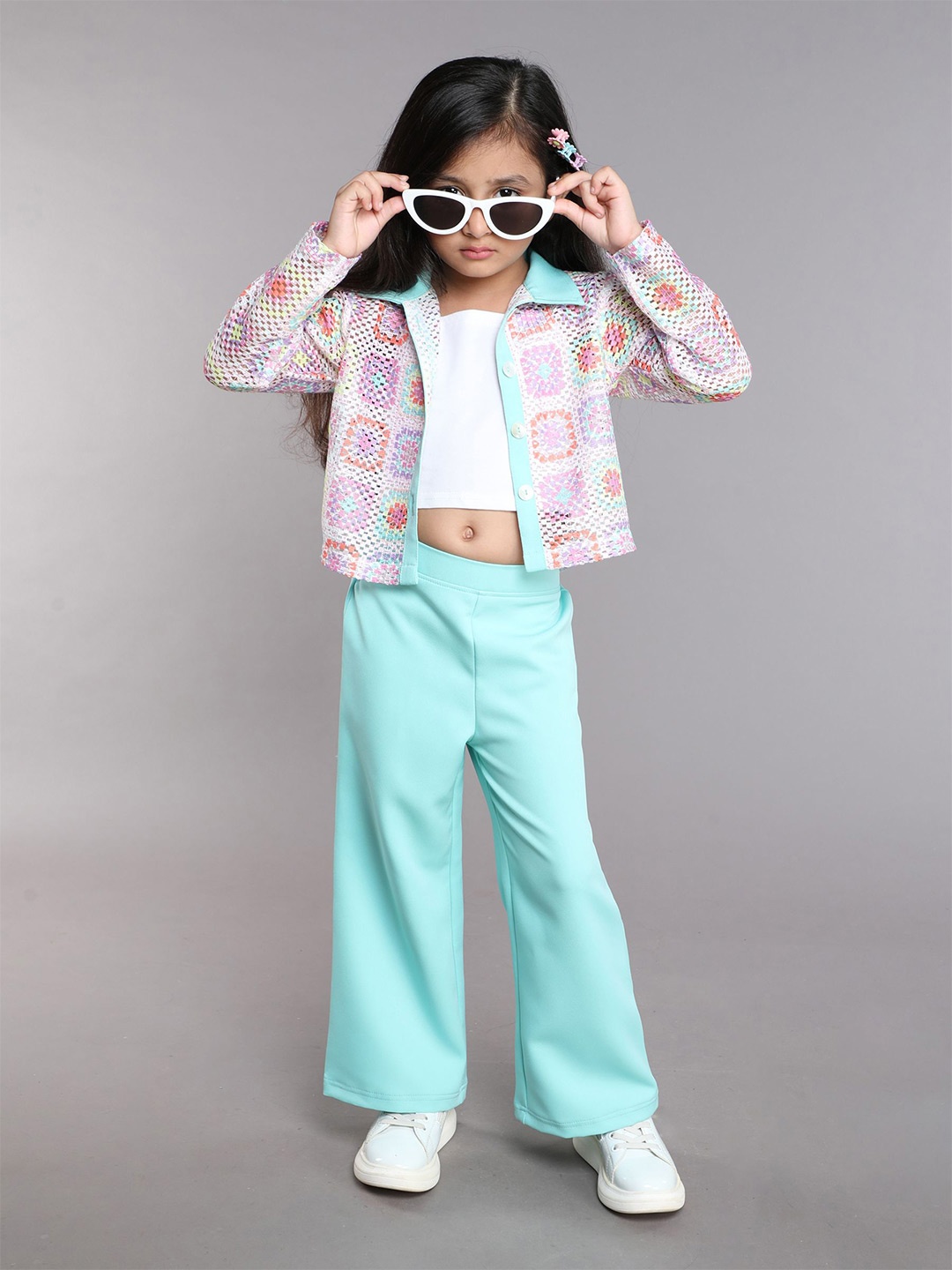 

taffykids Girls Printed Top with Trousers, Turquoise blue