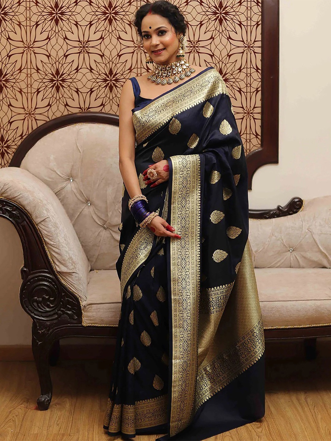 

KALINI Woven Design Zari Silk Blend Banarasi Saree, Navy blue