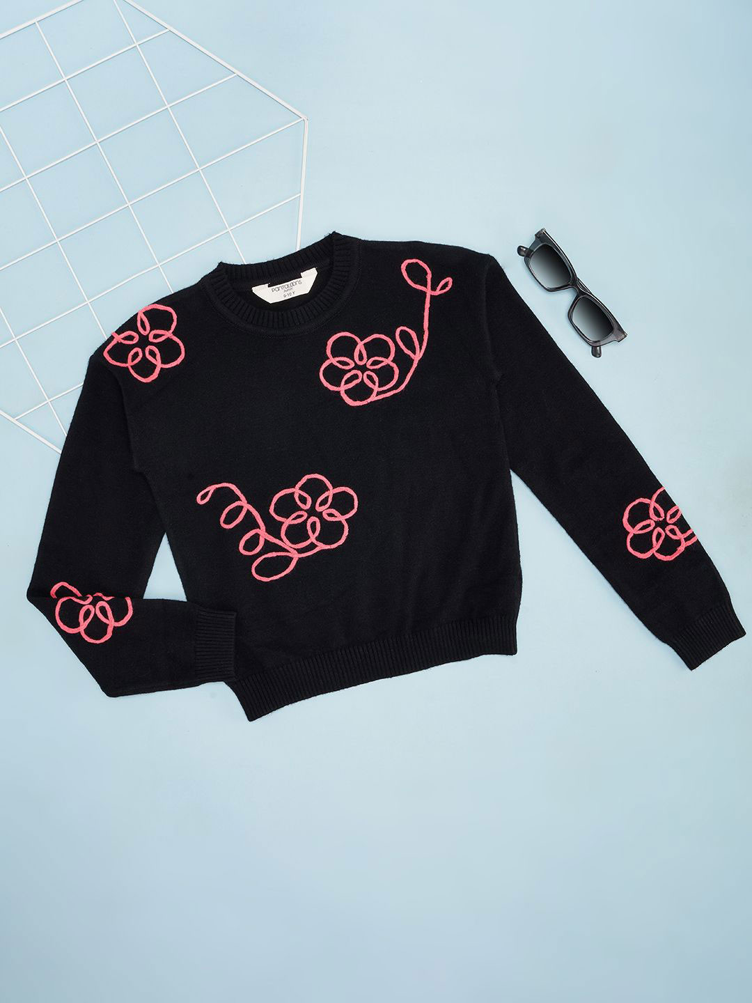 

Pantaloons Junior Girls Floral Embroidered Round Neck Pullover Sweater, Black