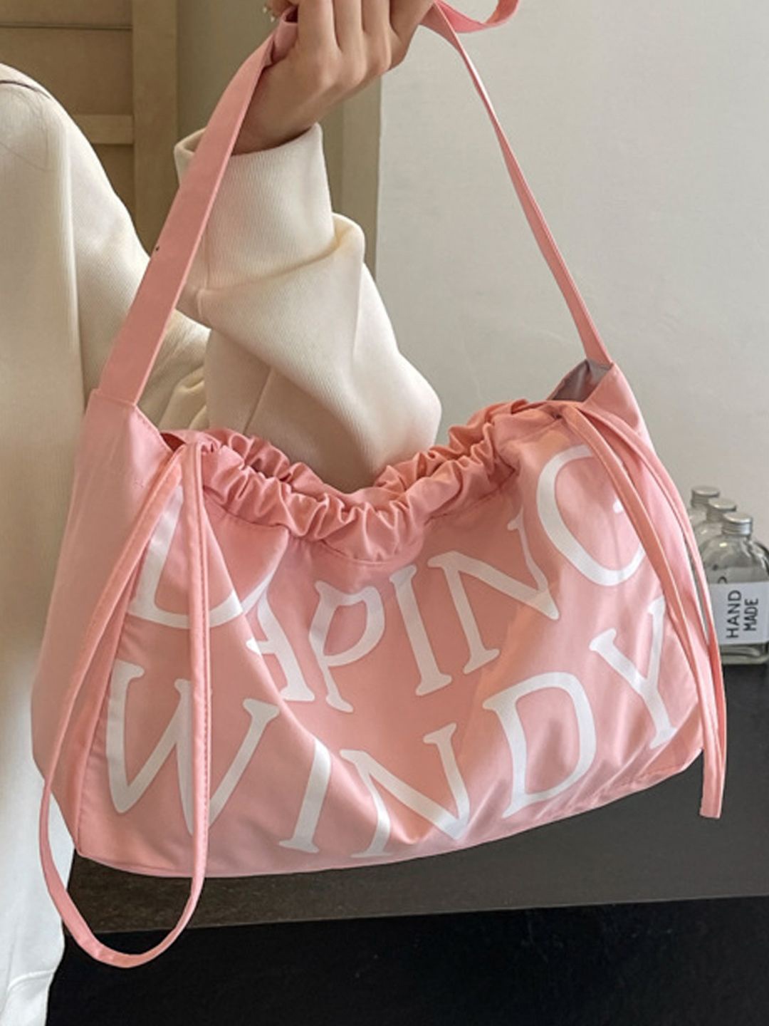 

StyleCast Pink Typography Printed Structured Handheld Bag