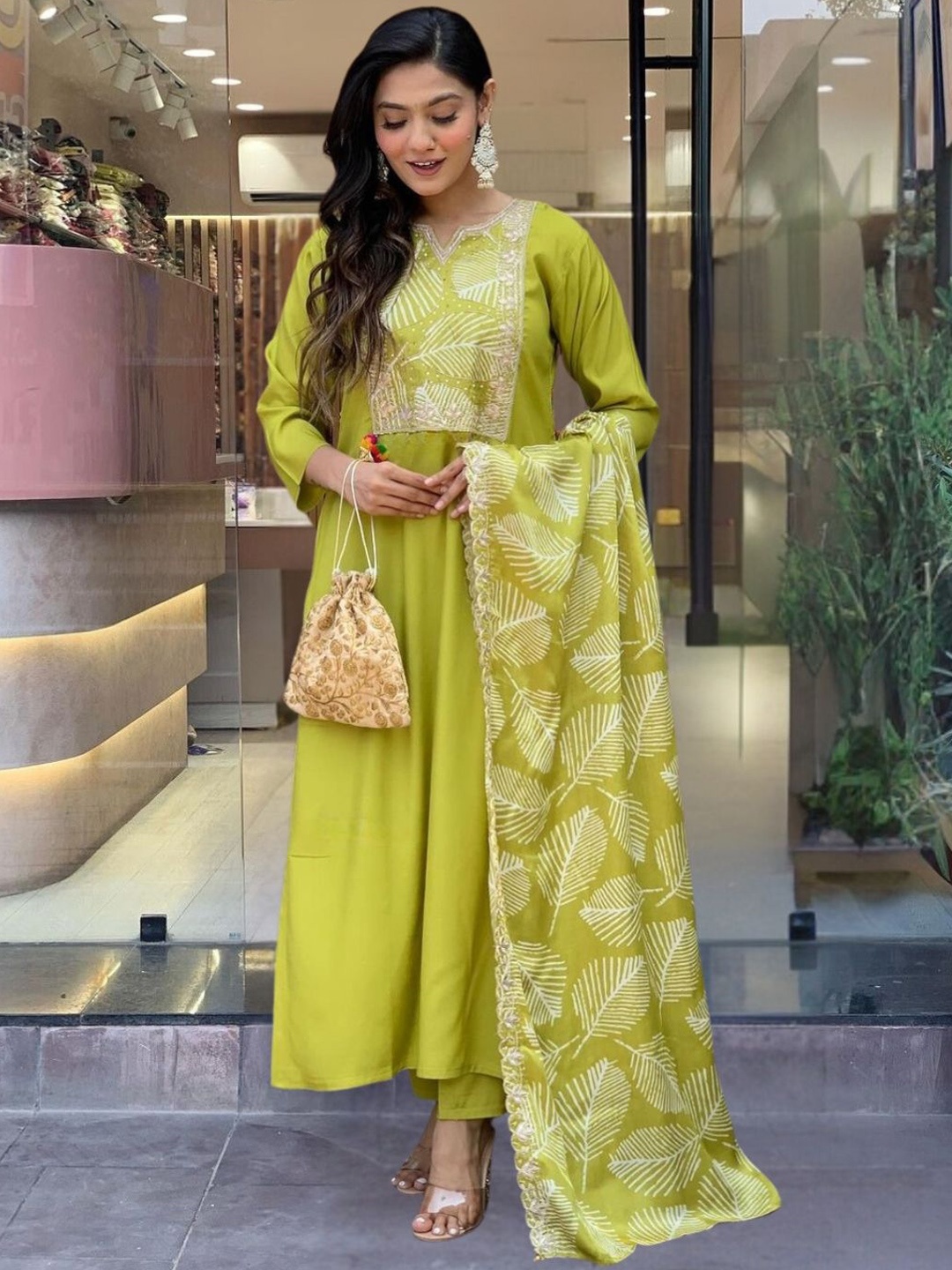 

Navlik Women Floral Embroidered Regular Sequinned Kurta with Trousers & With Dupatta, Lime green
