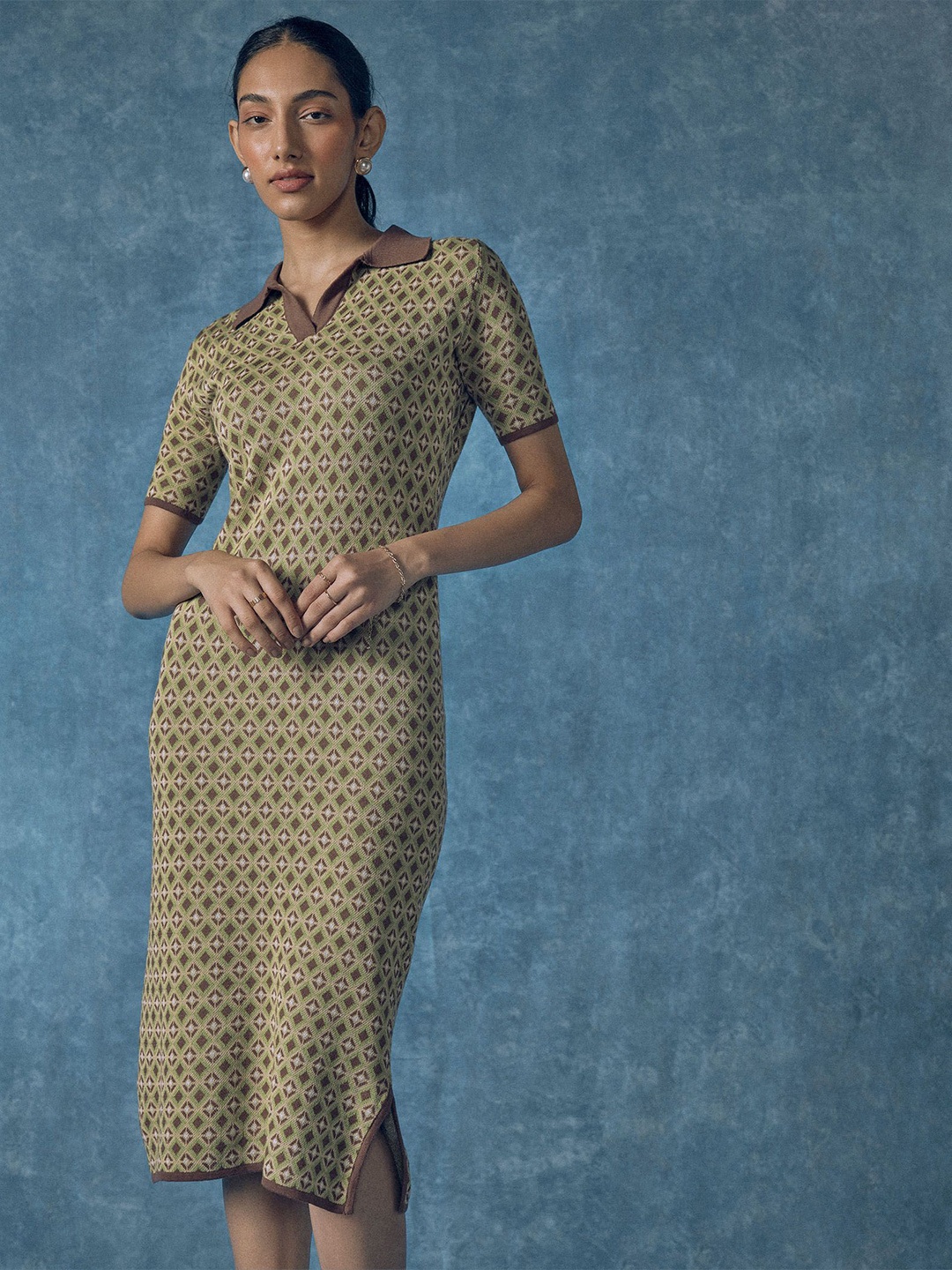 

The Label Life Women Printed Shirt Collar Cotton Sheath Midi Dress, Green