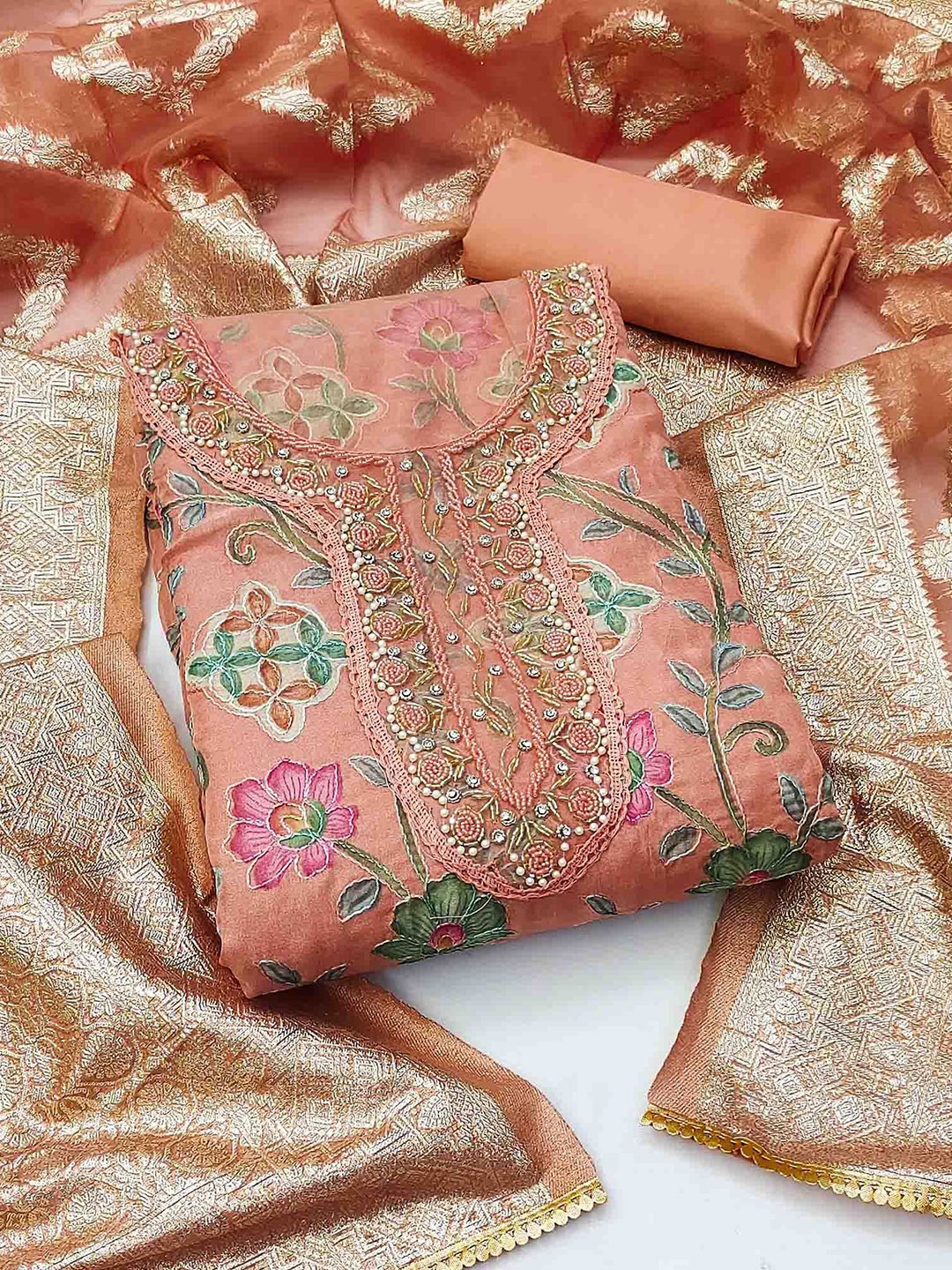

Maroosh Embellished Organza Unstitched Dress Material, Peach