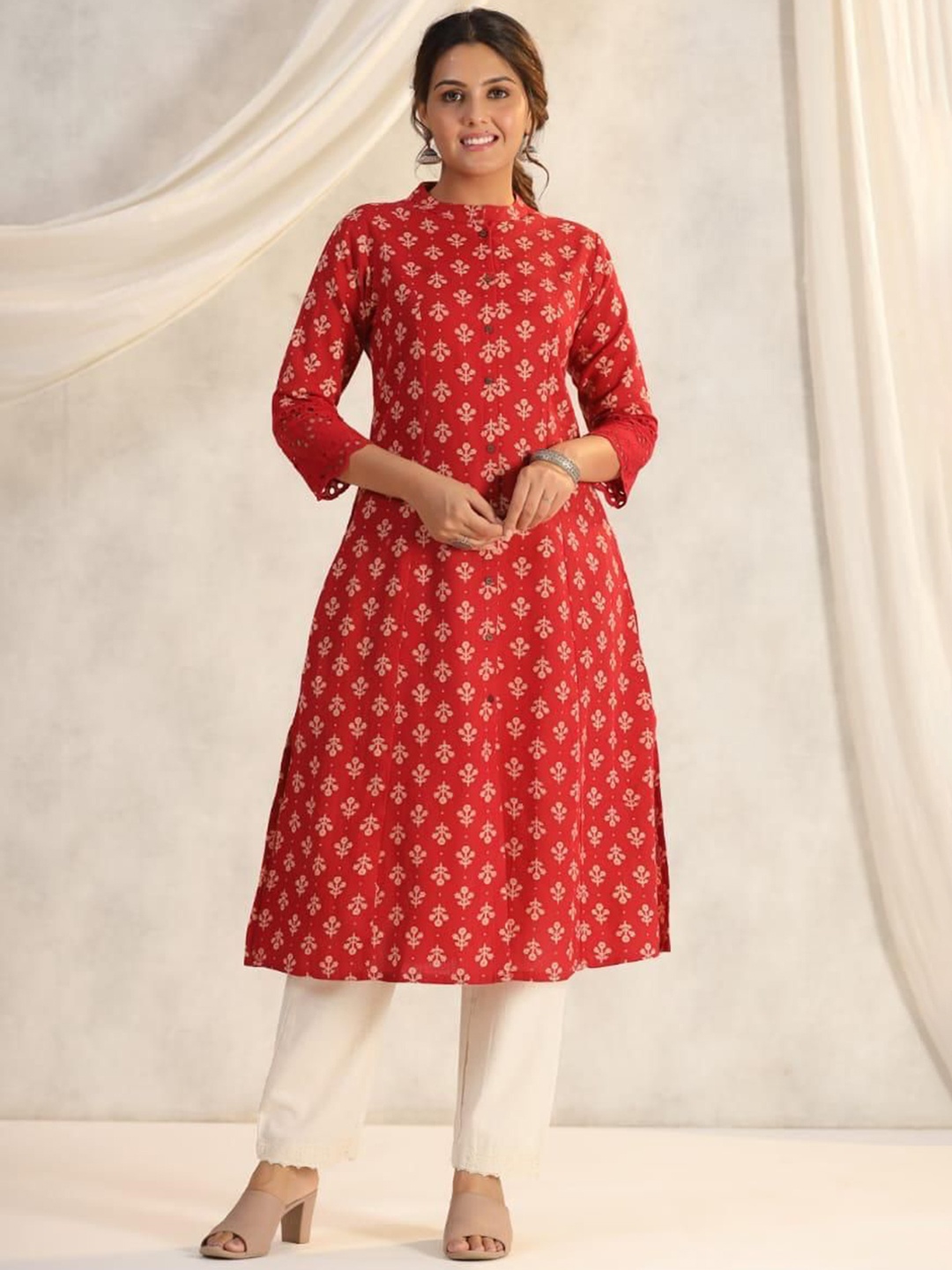 

INDYES Women Ethnic Motifs Printed Regular Pure Cotton Kurta with Trousers, Red