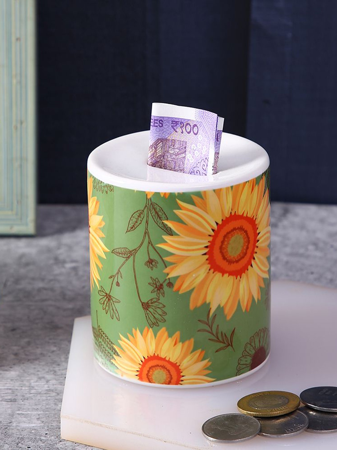 

PENTADECO Green & Yellow Floral Printed Reusable Piggy Bank