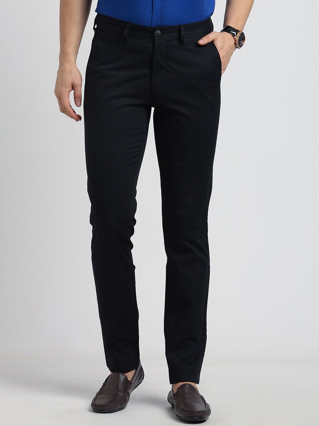 

Turtle Men Checked Relaxed Skinny Fit Mid Rose Chinos Trousers, Navy blue