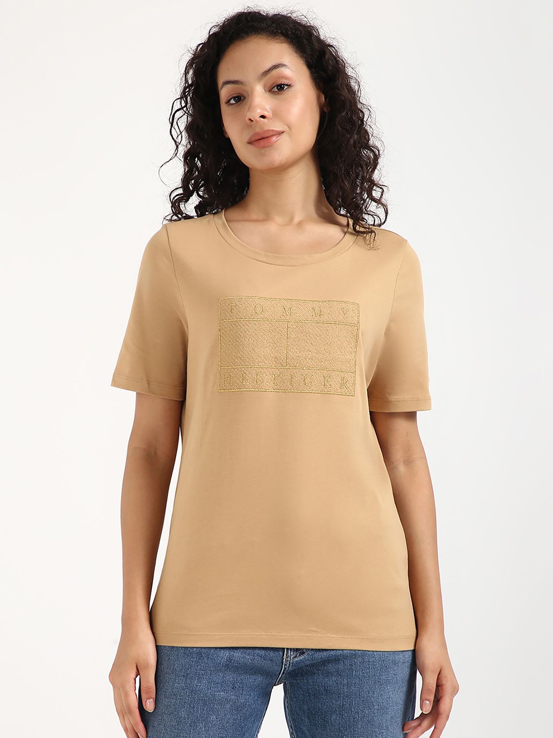 

Tommy Hilfiger Women Typography Raw Edge T-shirt, Beige