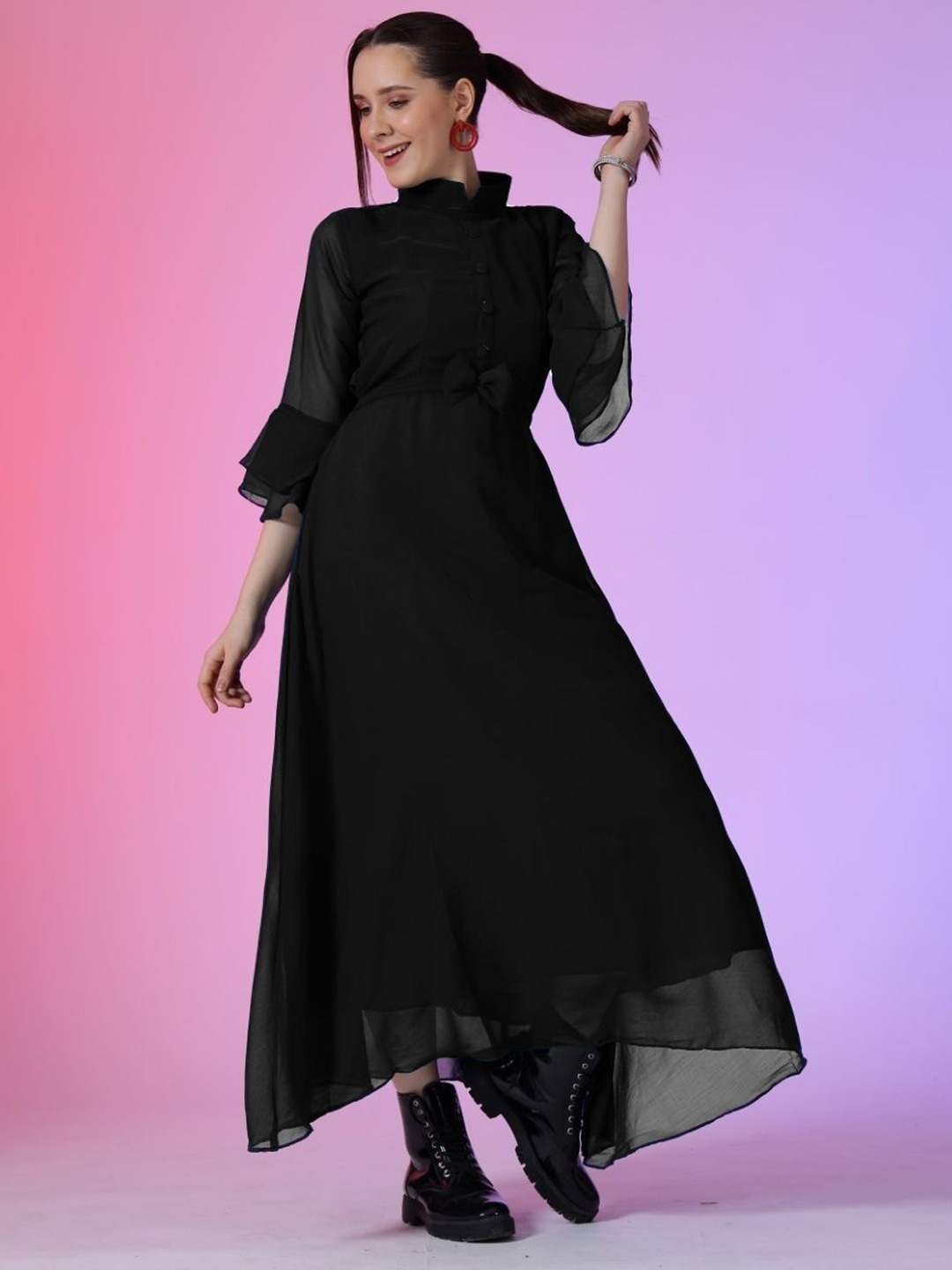

Raiyani Enterprise Women Mock Neck Fit and Flare Bell Sleeves Casual Maxi Dress, Black