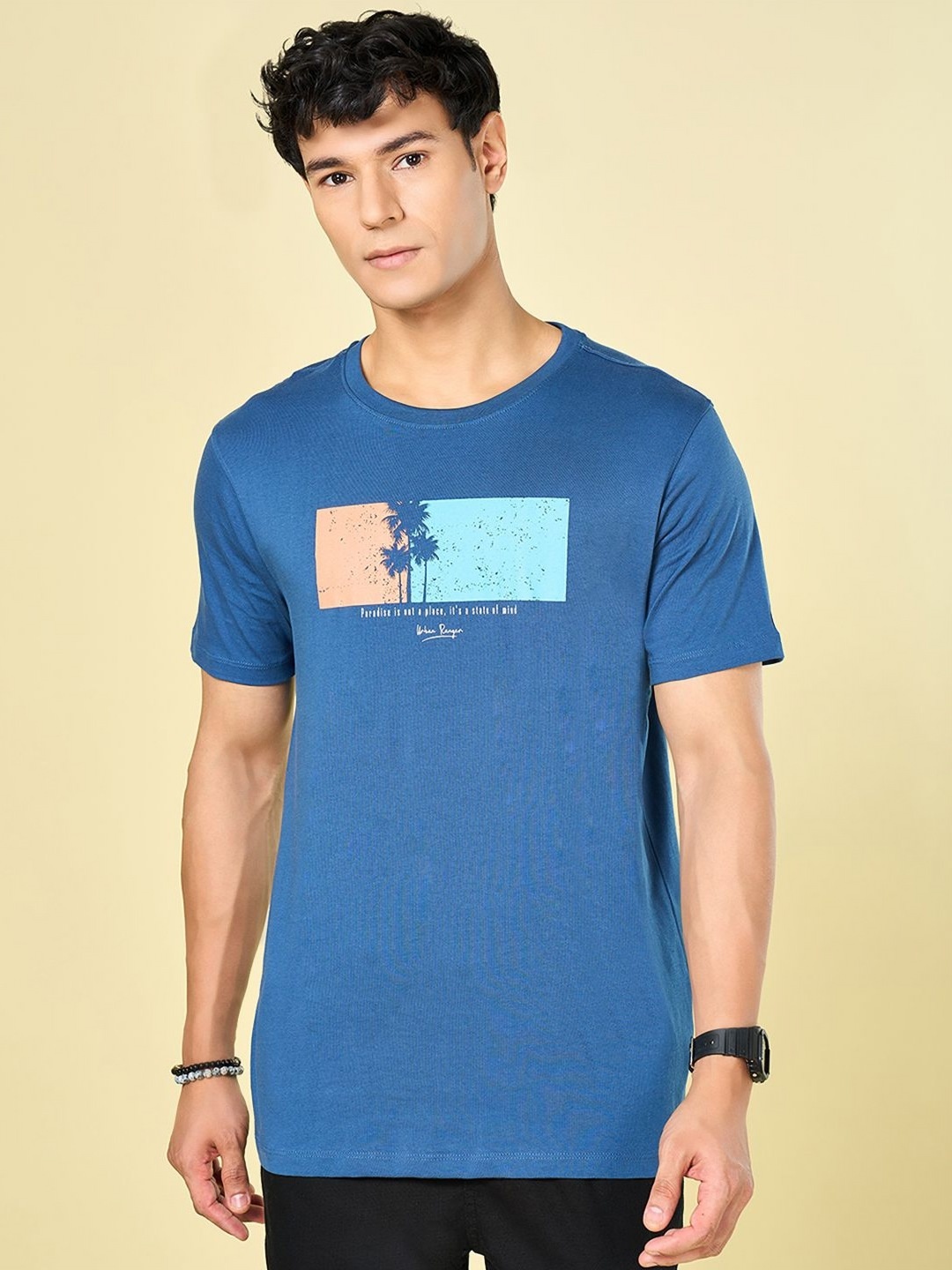 

Urban Ranger by pantaloons Men Printed Raw Edge Slim Fit T-shirt, Blue
