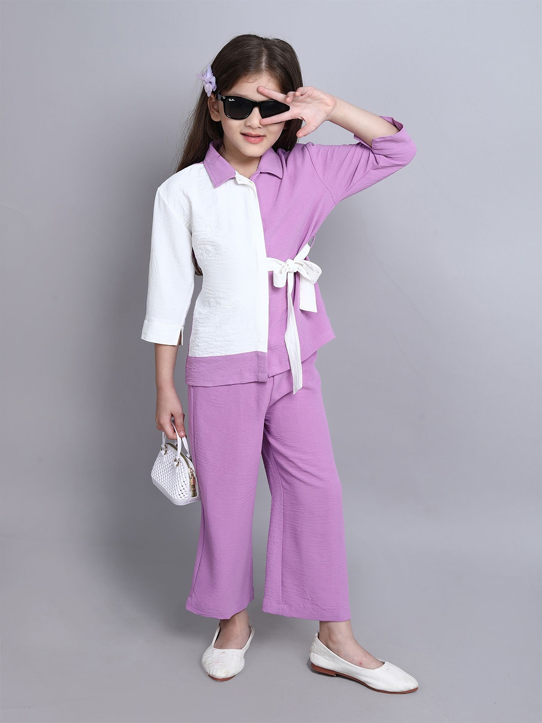 

taffykids Girls Colourblocked Shirt with Trousers, Purple