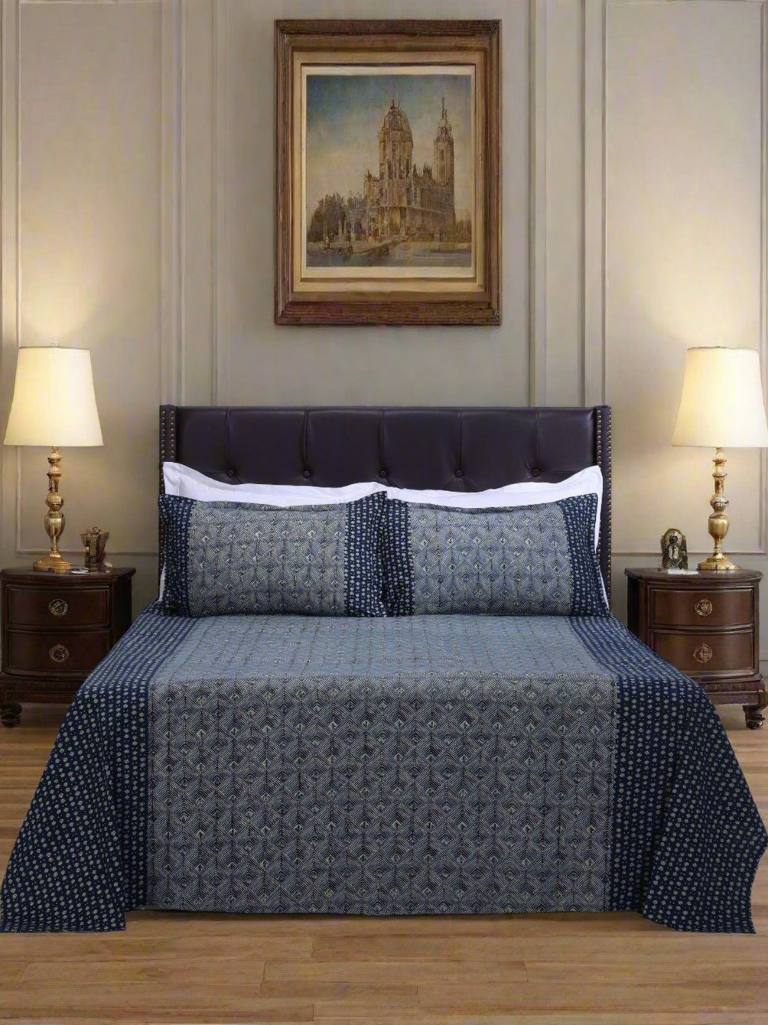 

SHAHENAZ Blue & White Floral Cotton 120 TC Queen Bedsheet Set-2.7 m X 2.25 m