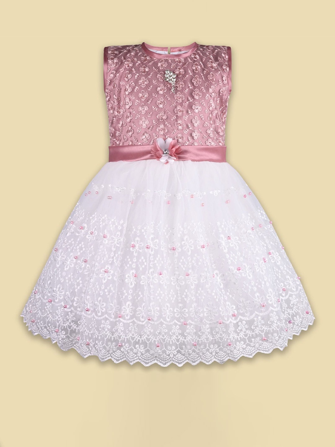 

Wish Karo Embellished Embroidered Net Fit & Flare Dress, Pink