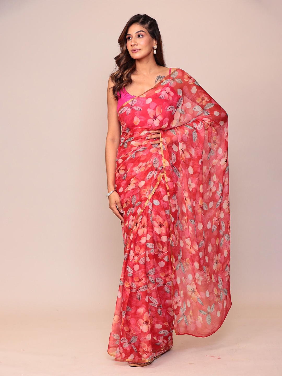 

ZARI Floral Pure Chiffon Saree, Red