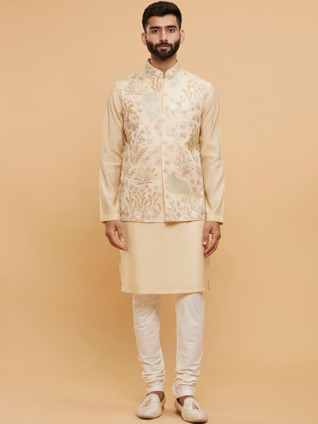 

Twamev Mandarin Collar Long Sleeves Regular Straight Kurta With Churidar With Nehru Jacket, Beige