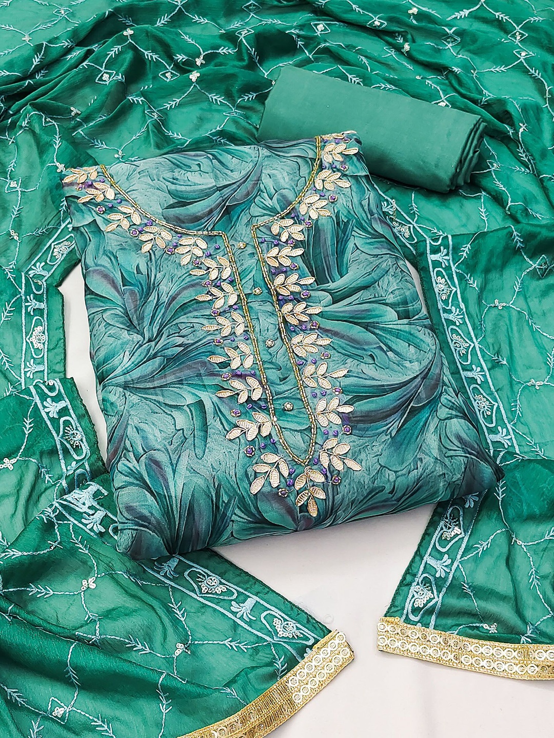 

Maroosh Embellished Organza Unstitched Dress Material, Sea green