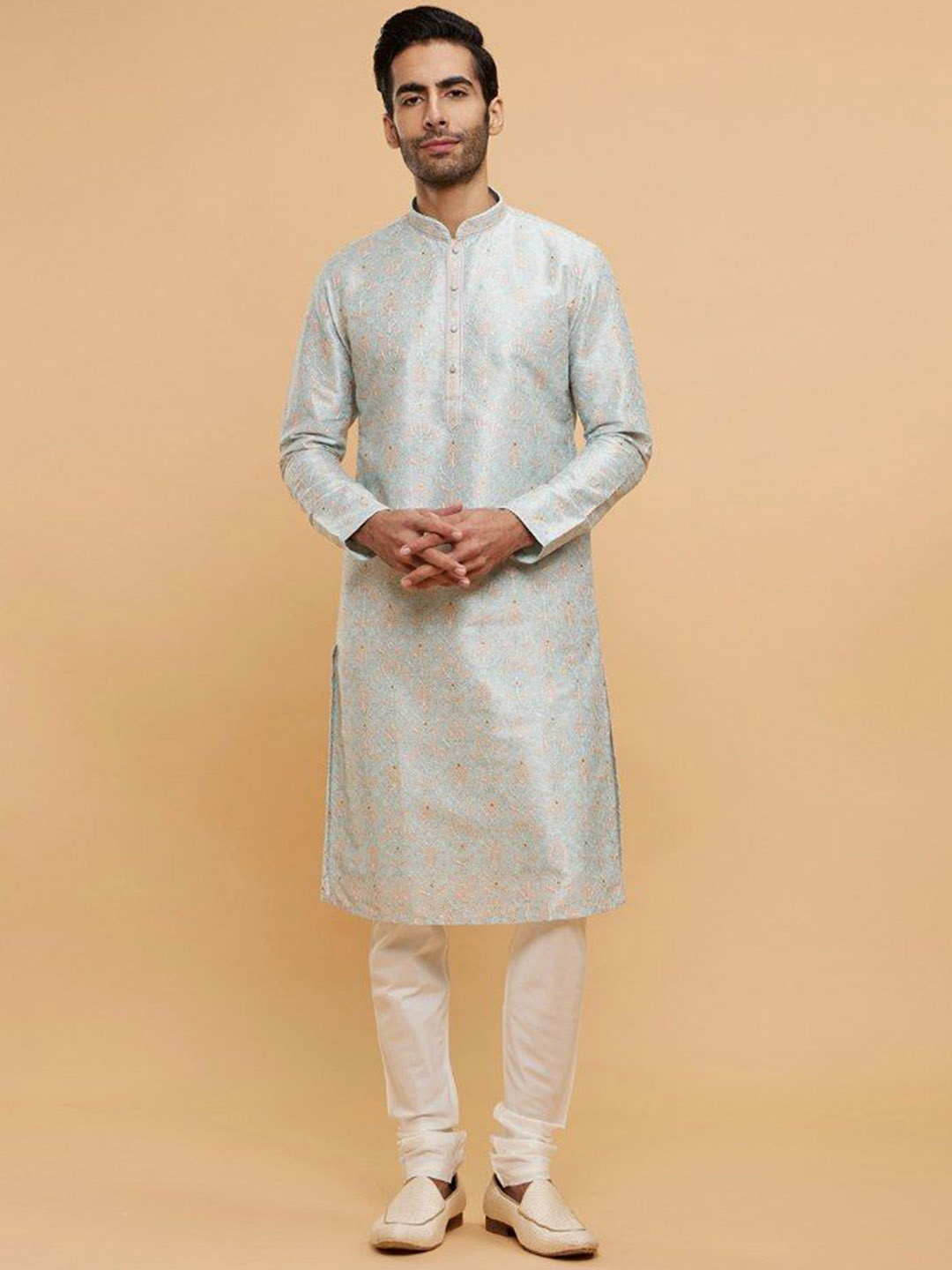 

Twamev Men Regular Thread Work Kurta with Churidar, Blue