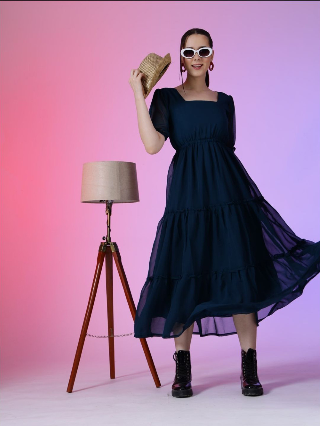 

Krunal Raiyani Women Puff Sleeve Fit and Flare Dress, Blue