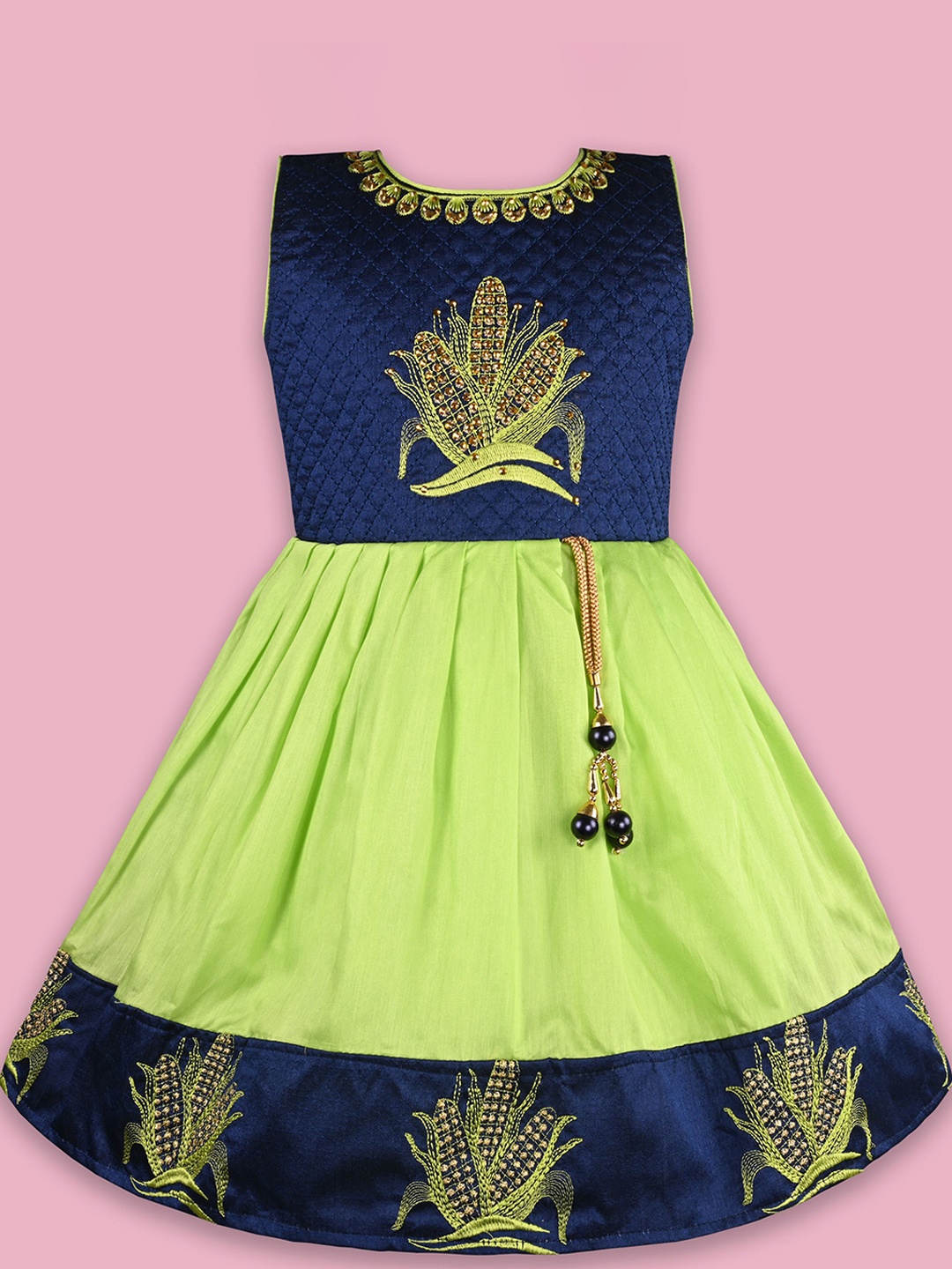 

Wish Karo Embroidered Satin Fit & Flare Dress, Green
