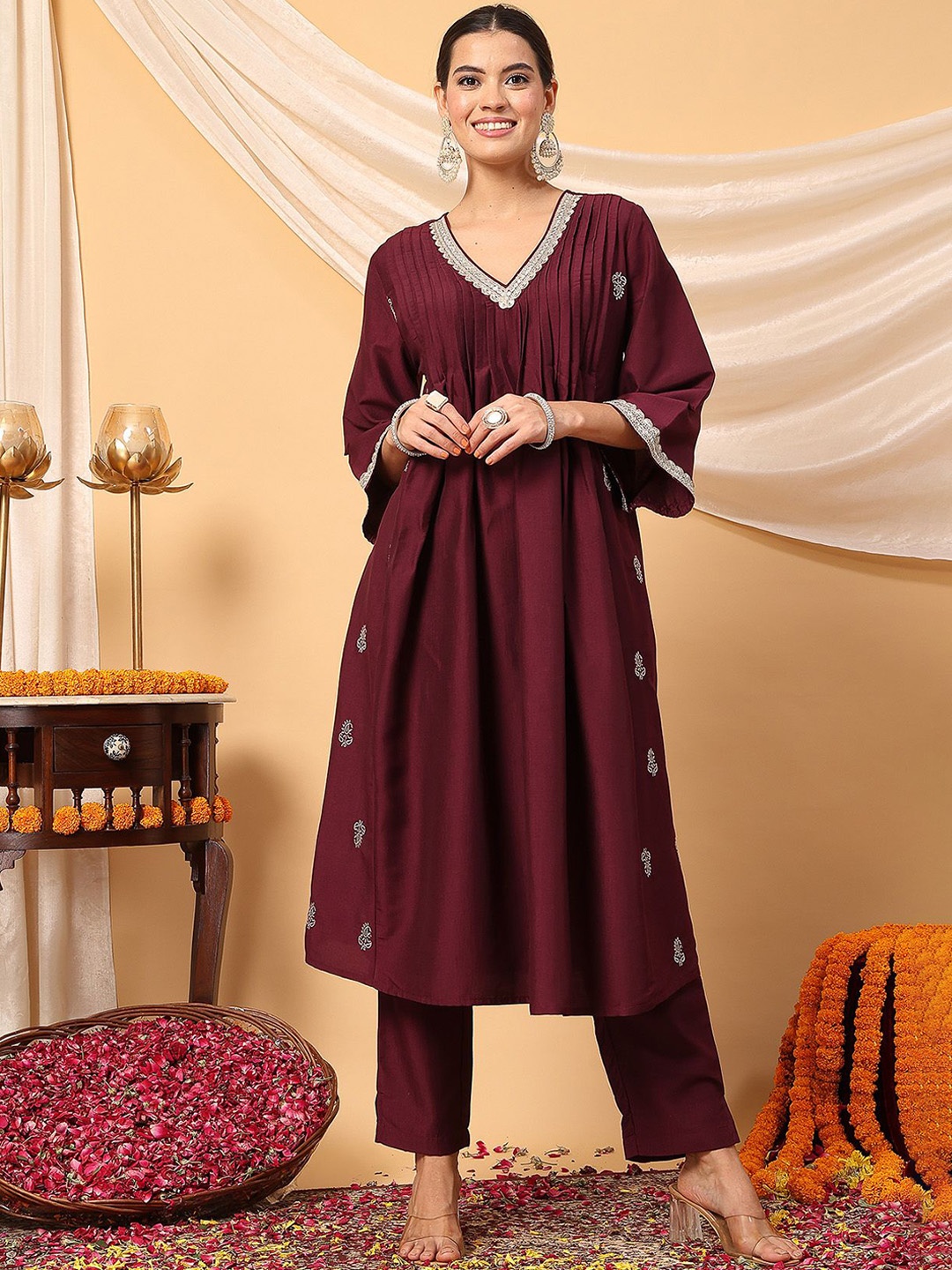

House Of Zelena Women Embroidered Pleated Kurta with Pyjamas, Maroon