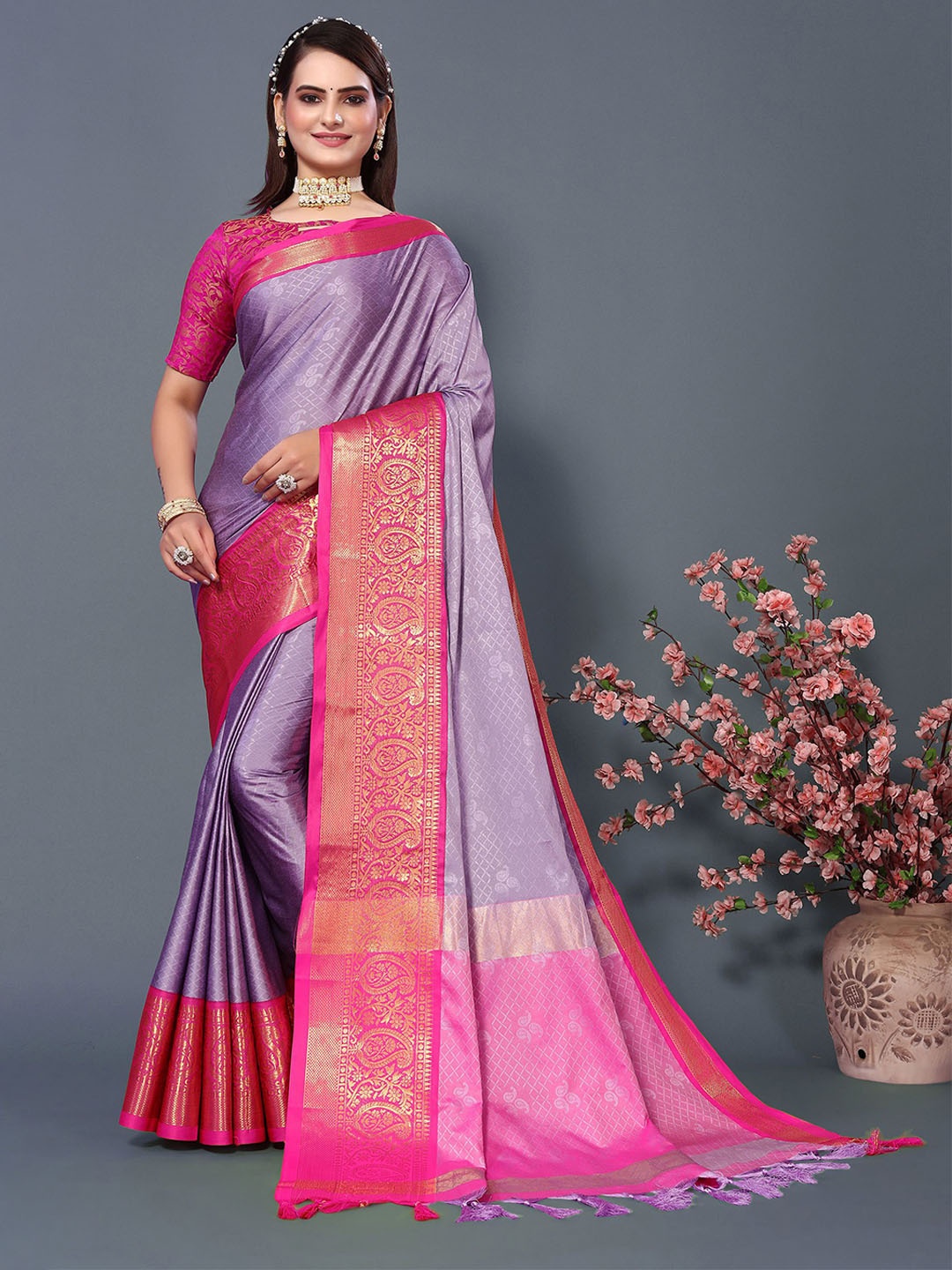 

KALINI Woven Design Zari Silk Blend Chanderi Saree, Purple