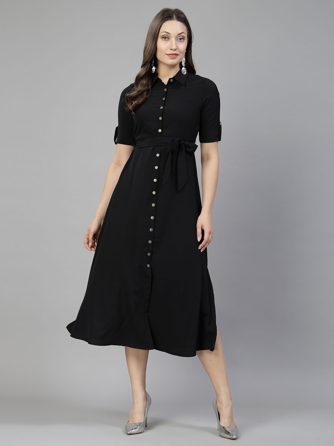 

aayu Women Shirt Collar A-Line Midi Dress, Black