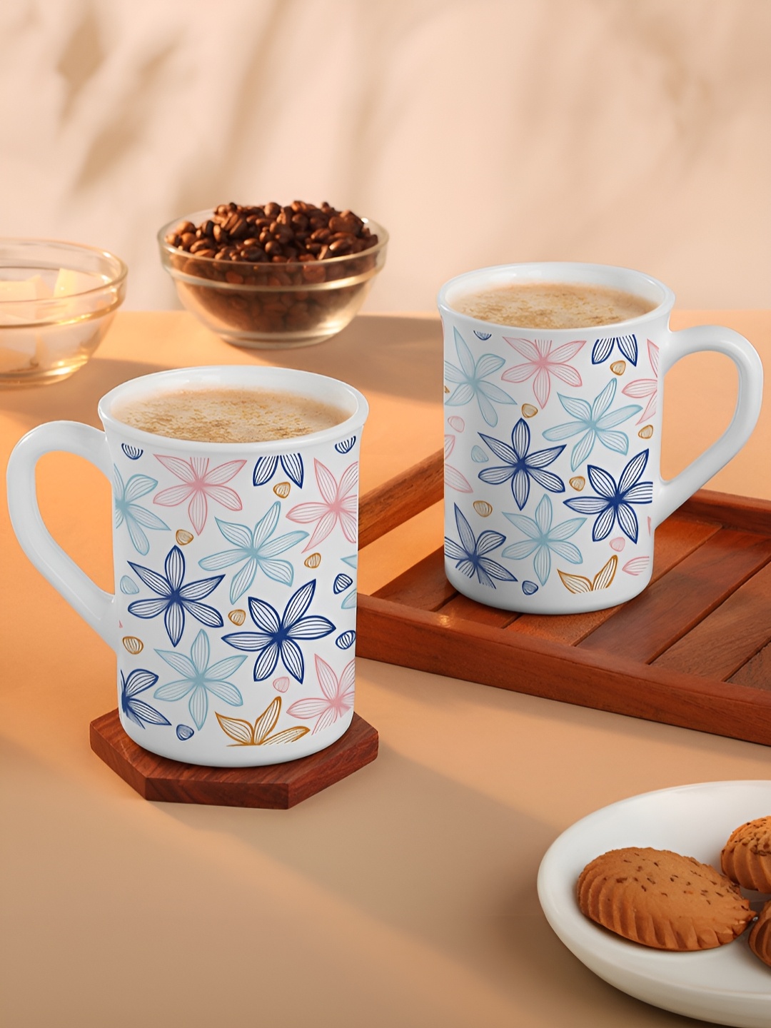 

Larah by BOROSIL White & Blue Floral Printed Opalware Matte Mugs Set of Cups and Mugs
