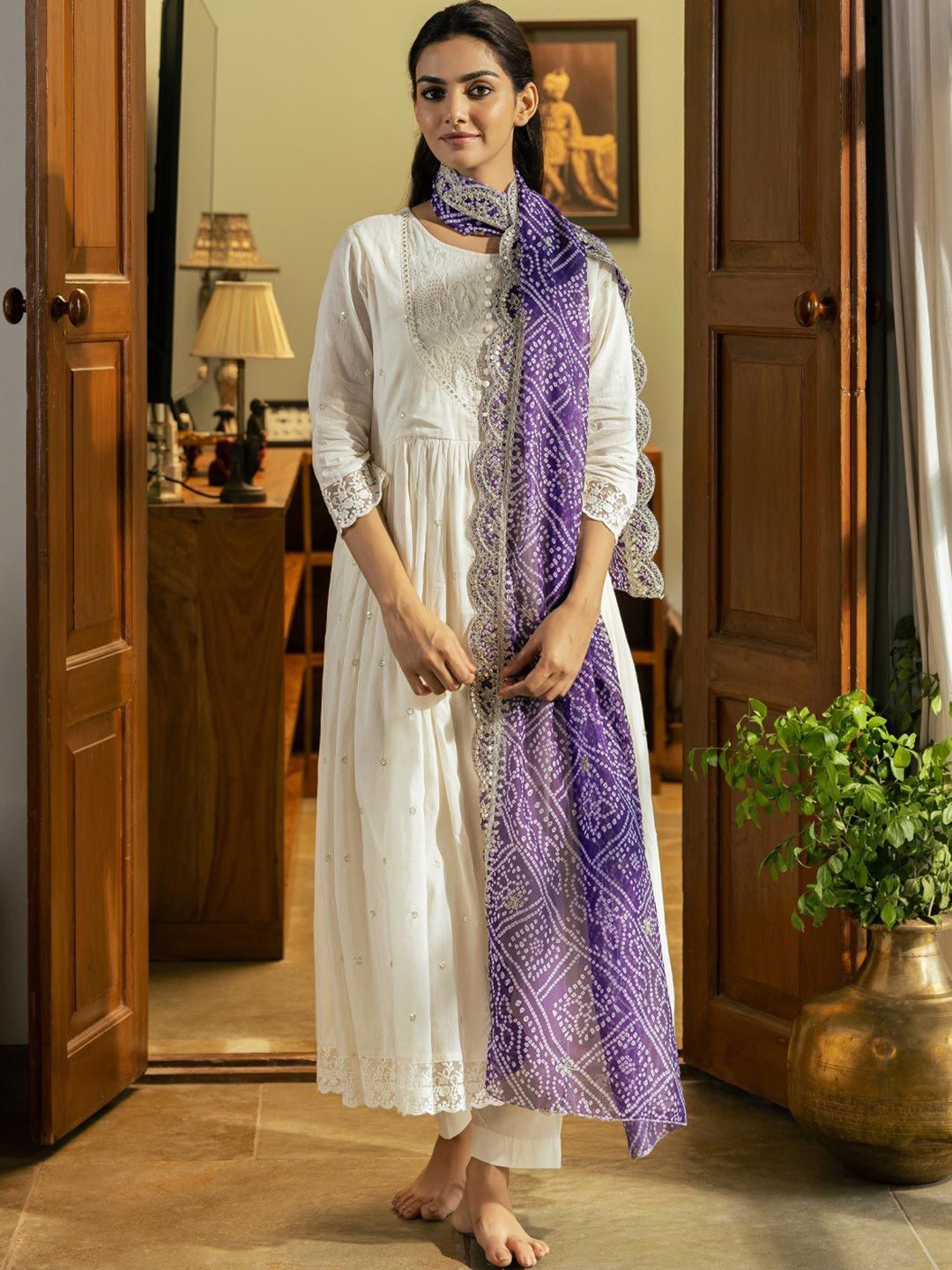 

FASHOR Women Ethnic Motifs Embroidered Pleated Sequinned Pure Cotton Kurta with Trousers & With Dupatta, White