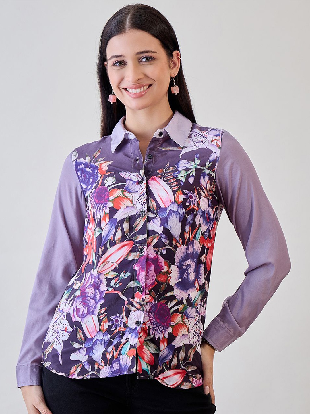 

The Kaftan Company Floral Print Crepe Shirt Style Top, Purple