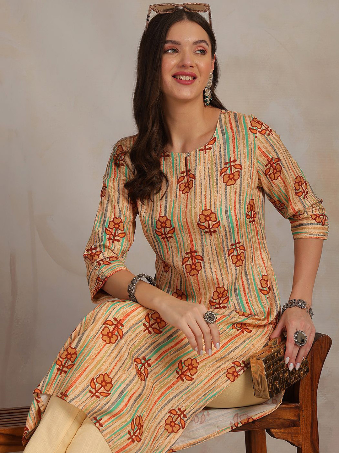 

Anouk Women Printed Thread Work Kurta, Brown