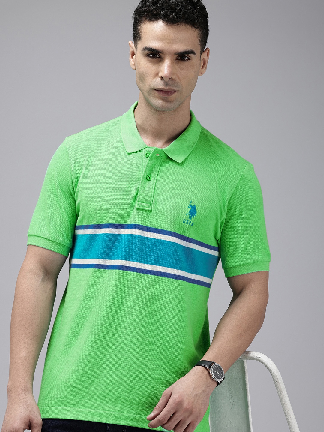 

U.S. Polo Assn. Striped Polo Collar Pure Cotton Slim Fit T-shirt, Green
