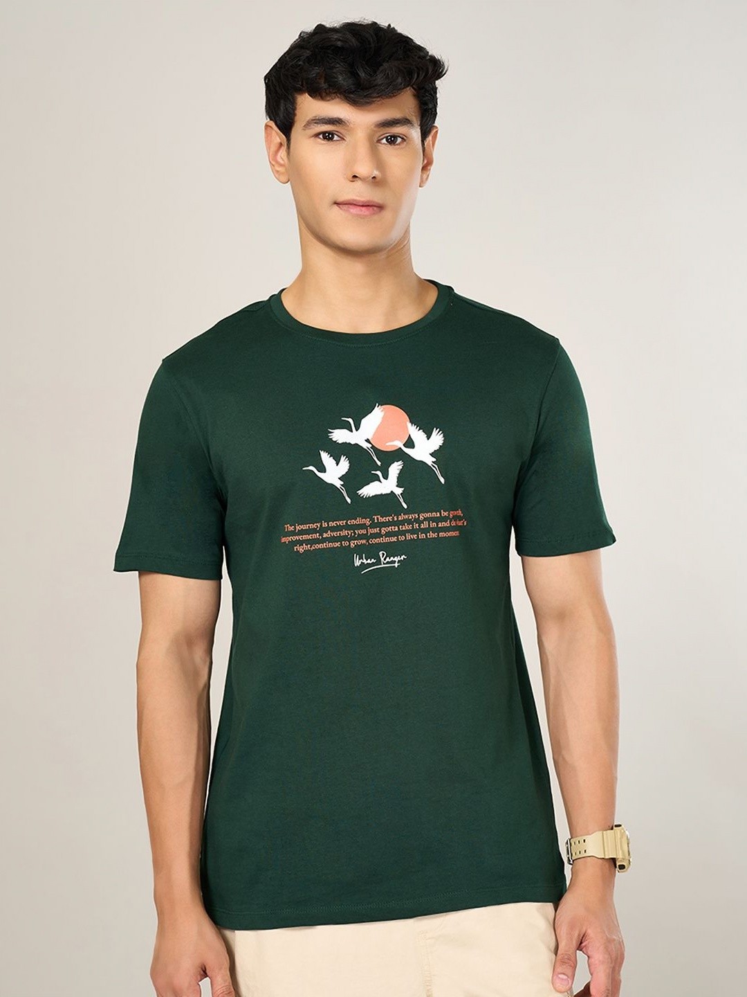

Urban Ranger by pantaloons Men Typography Printed Applique Slim Fit T-shirt, Green
